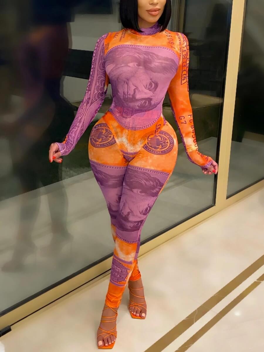 

Lovely Sexy Print Patchwork Orange Two Piece Pants Set