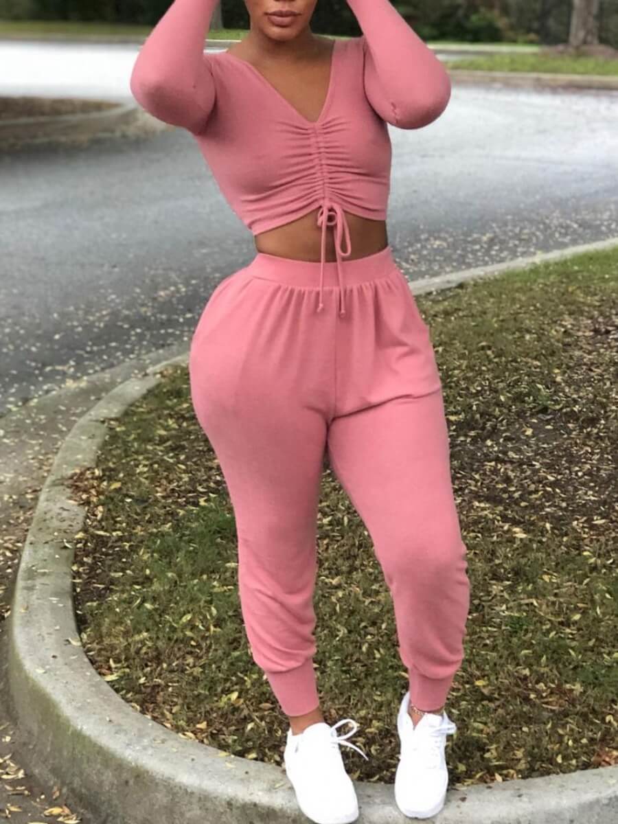 

Lovely Casual Drawstring Design Dark Pink Two Piece Pants Set