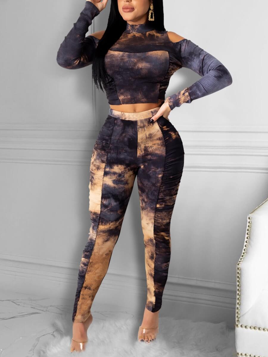 

Lovely Casual Tie Dye Print Hollow-out Black Two Piece Pants Set