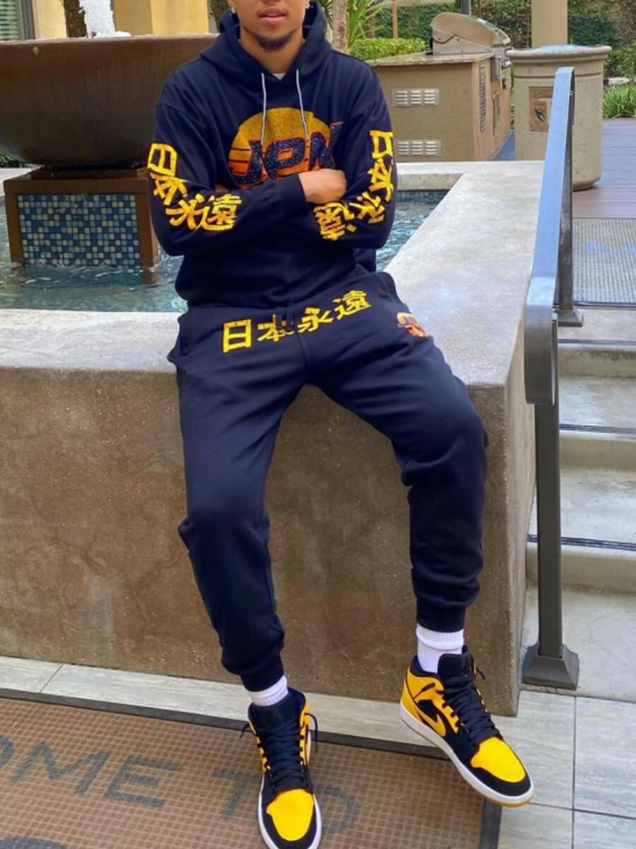 

Lovely Casual Hooded Collar Print Blue Men Two-piece Pants Set