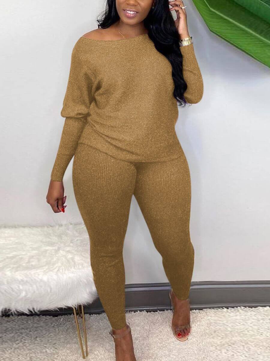 

Lovely Casual One Shoulder Long Sleeve Khaki Plus Size Two-piece Pants Set