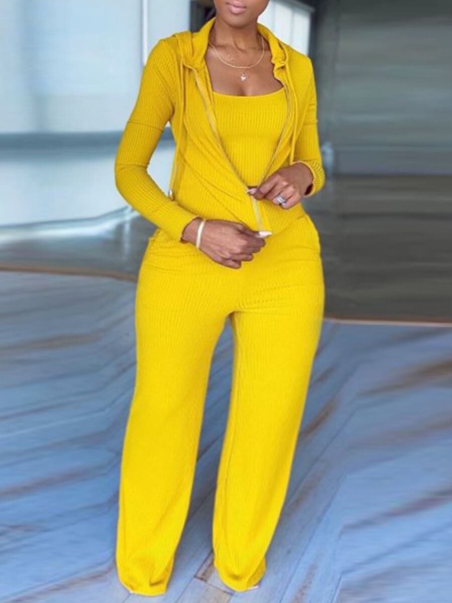 

Lovely Casual Hooded Collar Zipper Design Yellow Plus Size Two-piece Pants Set