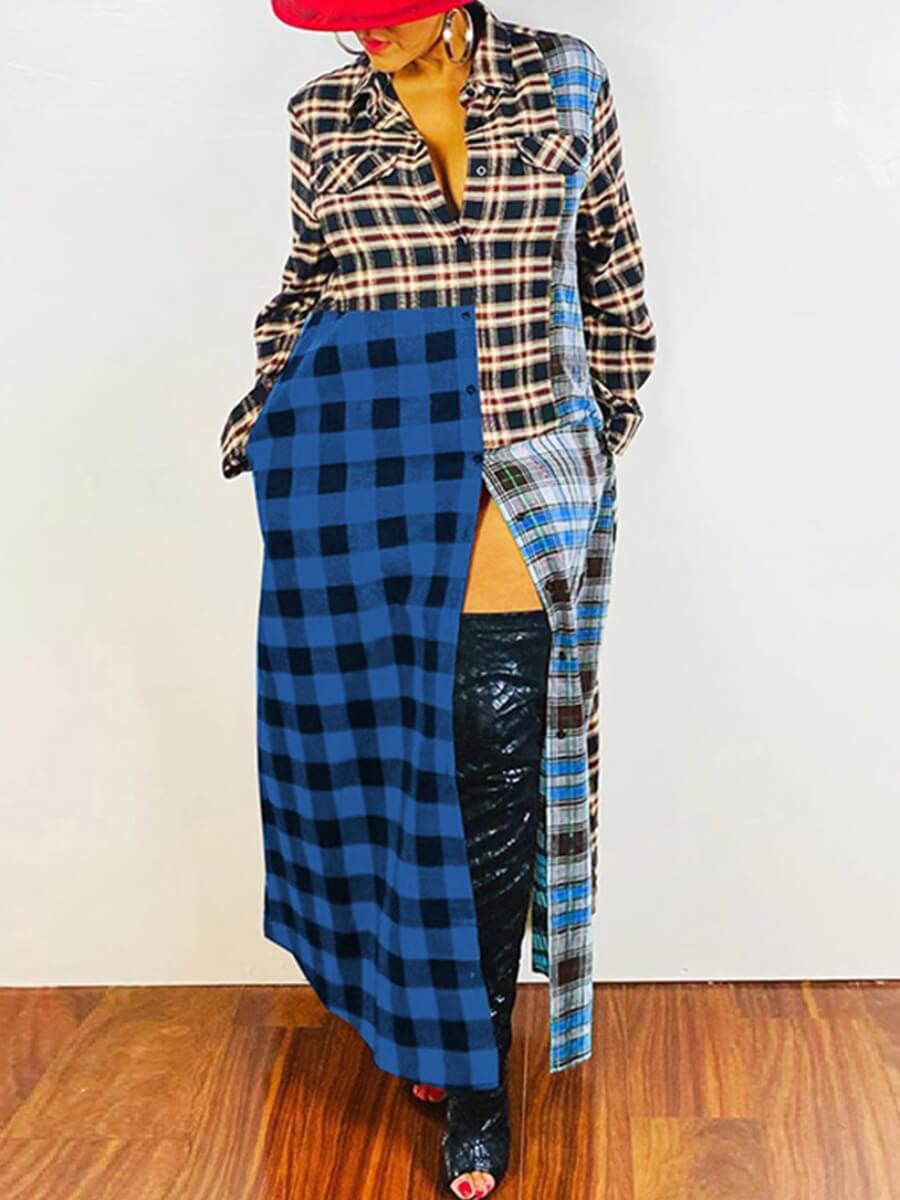 

Lovely Stylish Turndown Collar Grid Print Patchwork Blue Ankle Length Dress