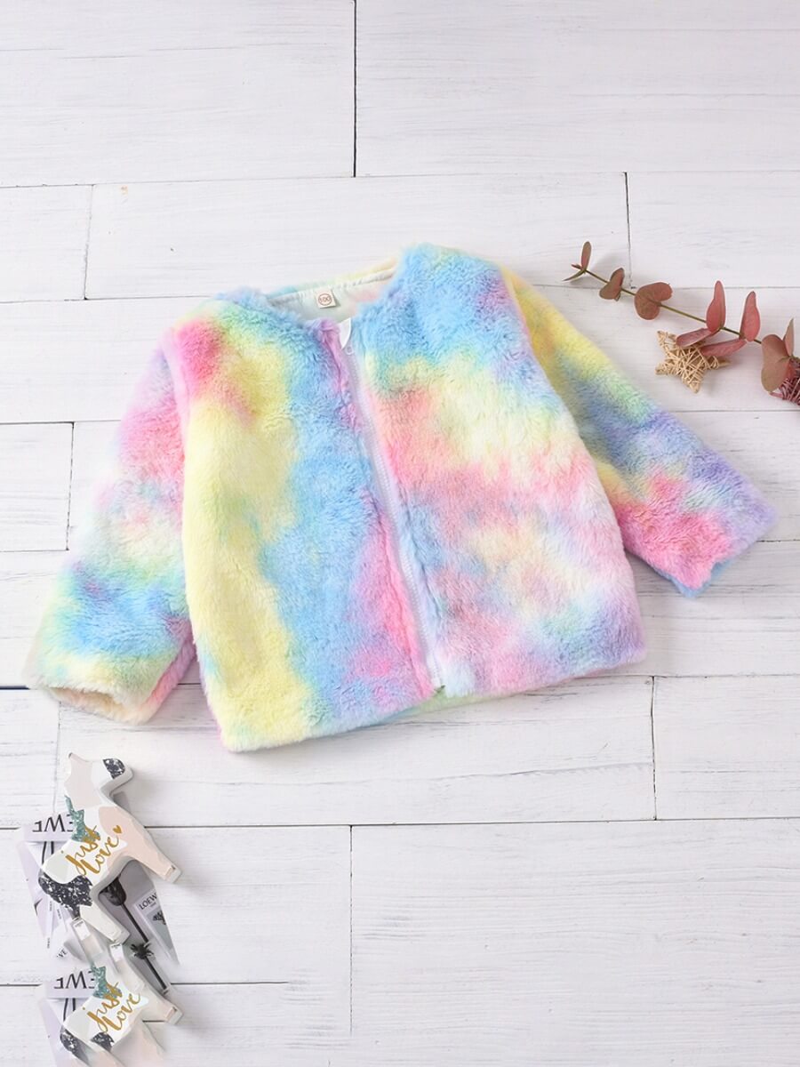 

Lovely Trendy O Neck Tie-dye Multicolor Girl Coat, Multi