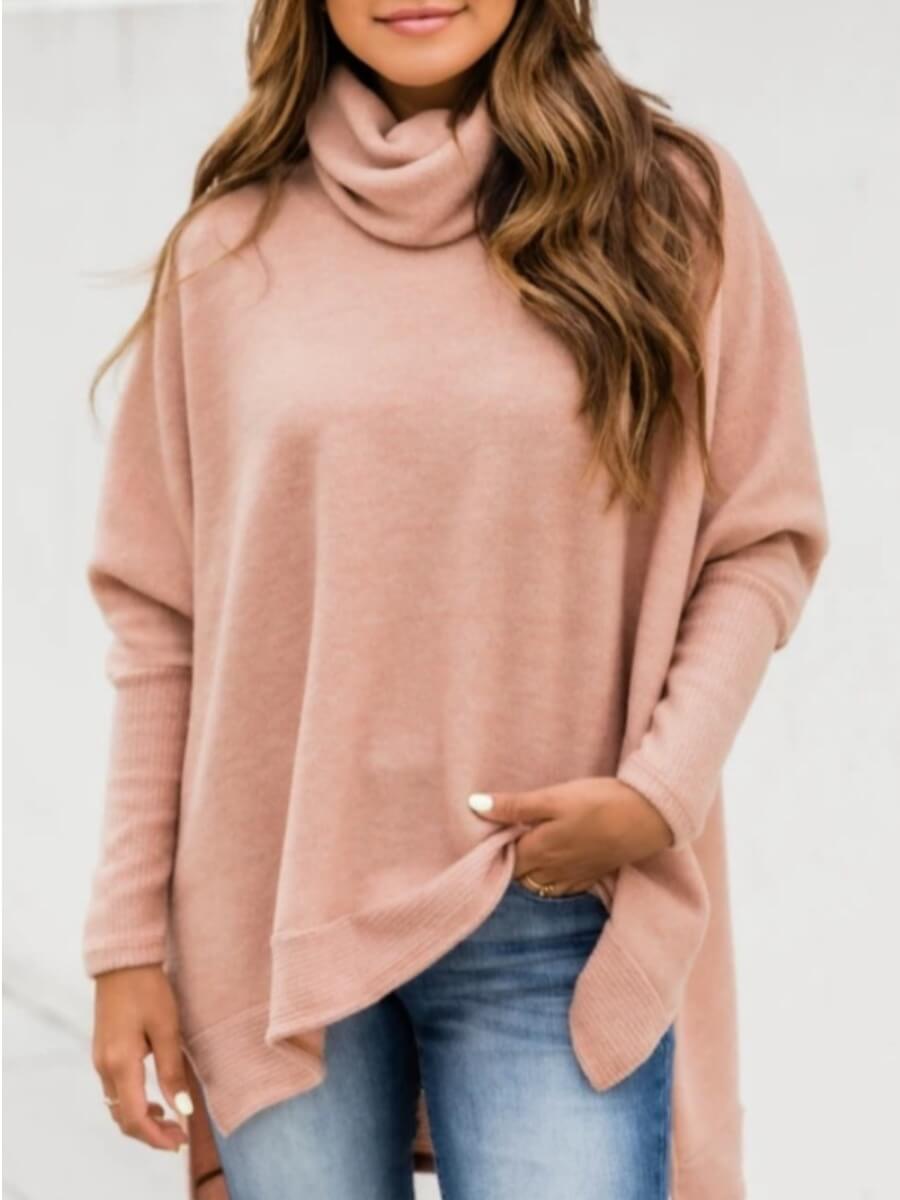 

Lovely Casual Turtleneck Asymmetrical Loose Pink Sweater