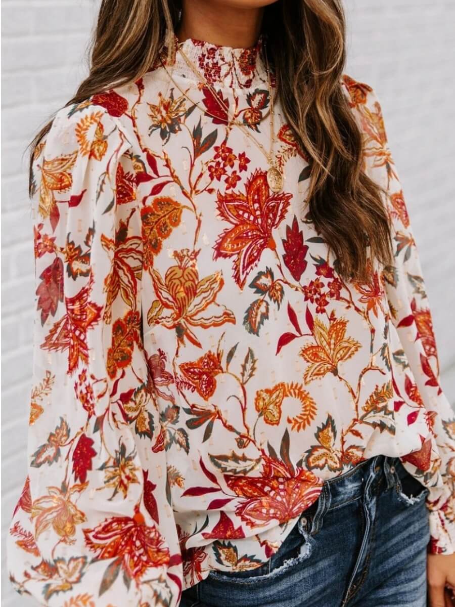 LW Chic Mandarin Collar Plants Print Croci Blouse