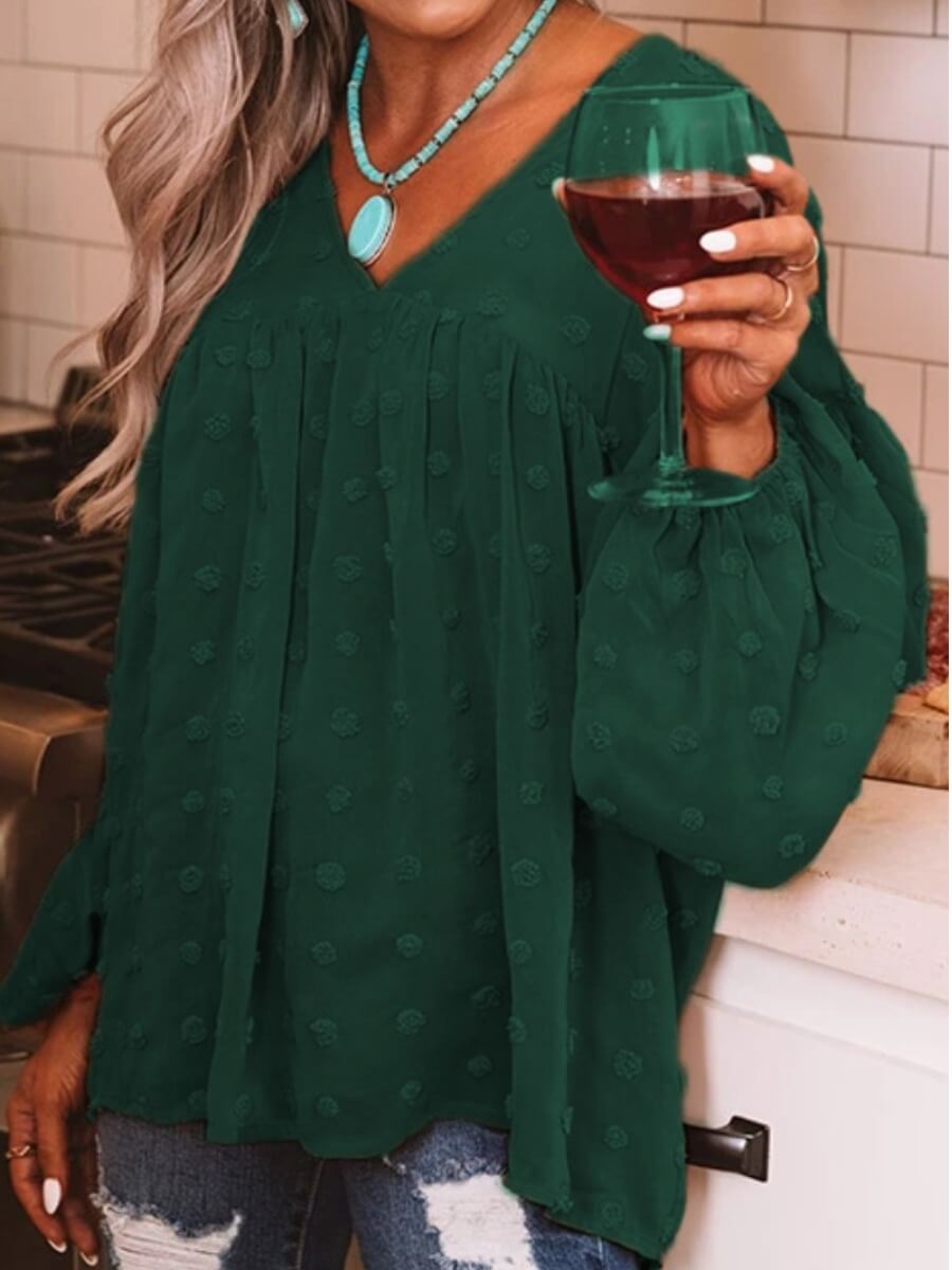 

Lovely Stylish V Neck Fold Design Loose Green Blouse