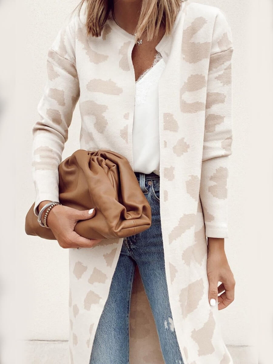 

Lovely Casual Print Beige Long Cardigan
