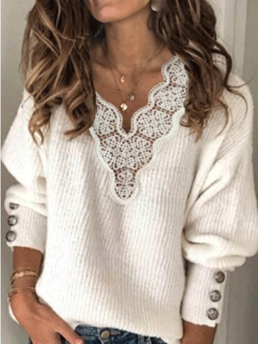 

Lovely Casual V Neck Lace Patchwork White Sweater