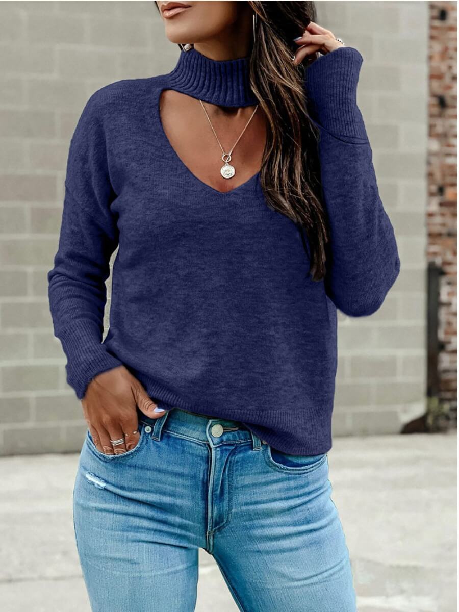 

Lovely Hollow-out Dark Blue Sweater