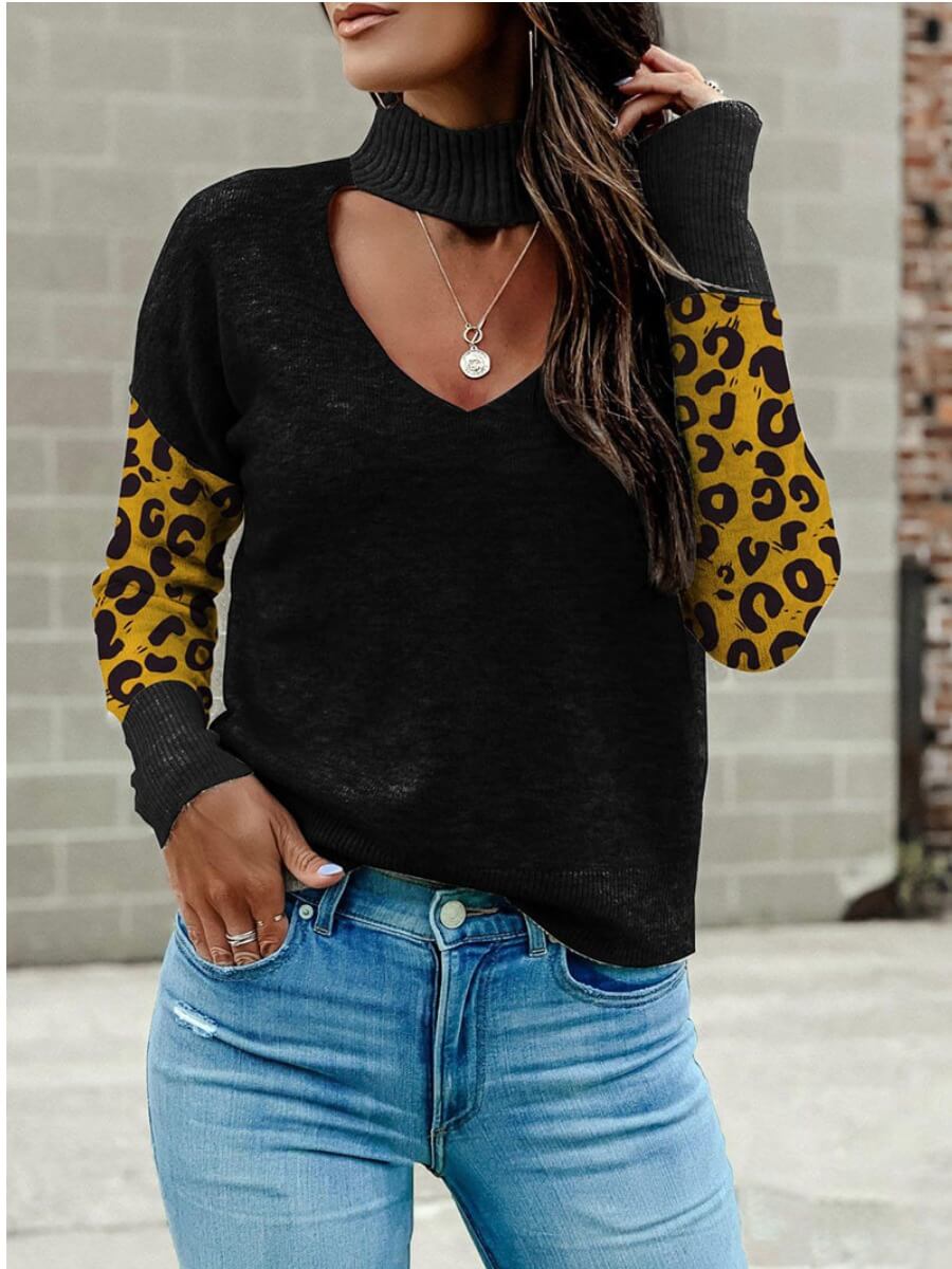 

Lovely V Neck Patchwork Black Sweater