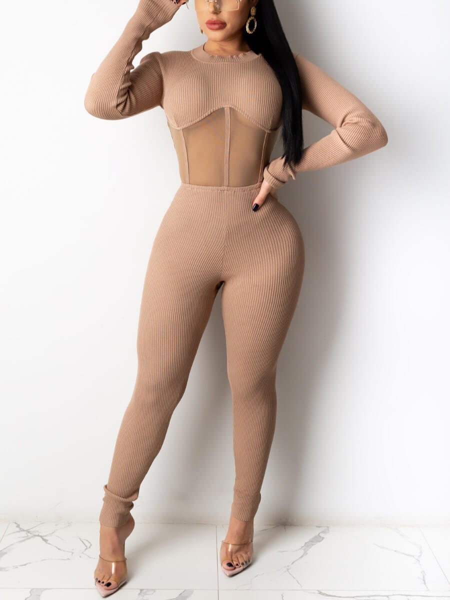 

Lovely Casual See-through Mesh Patchwork Apricot One-piece Jumpsuit