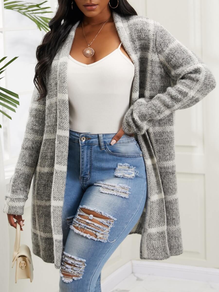 

Lovely Casual Collarless Patchwork Grey Cardigan