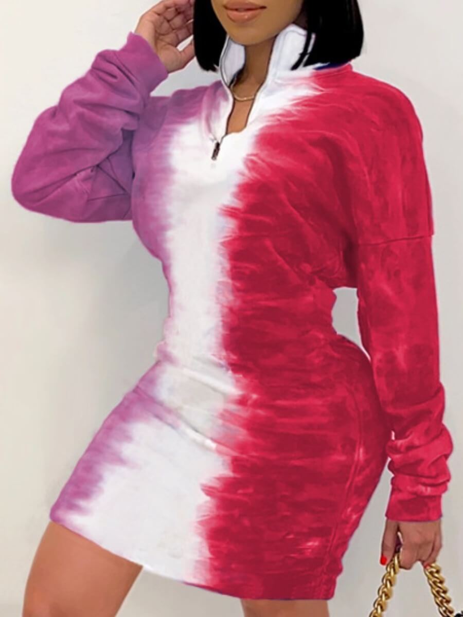 

Lovely Stylish Turndown Collar Tie-dye Zipper Design Rose Red Knee Length Dress