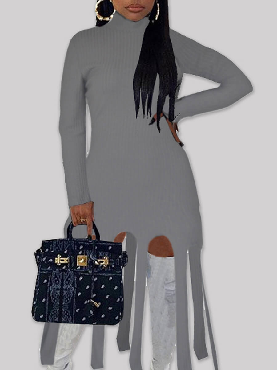 

LW BASIC Plus Size Turtleneck Tassel Design Dress, Grey