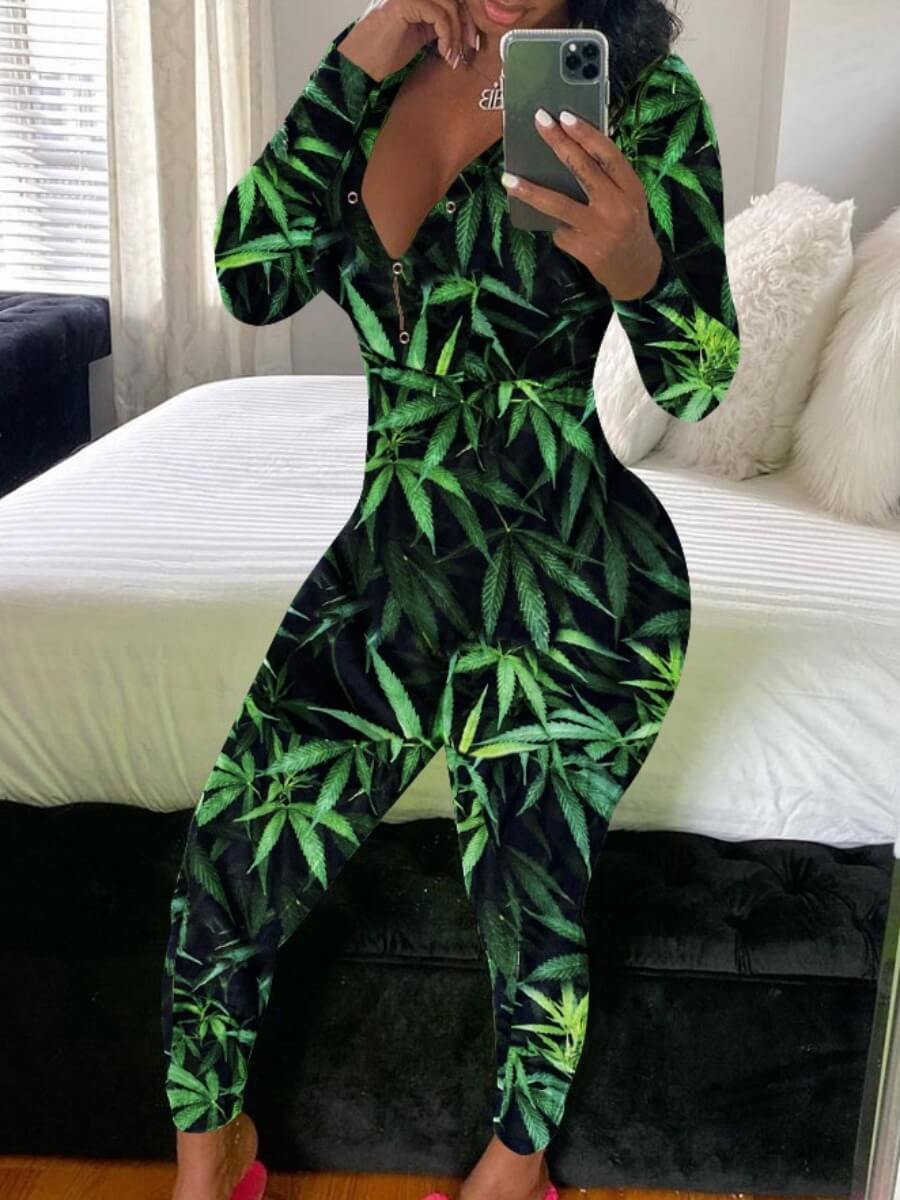

Lovely Home Style V Neck Lip Print Green Sleepwear