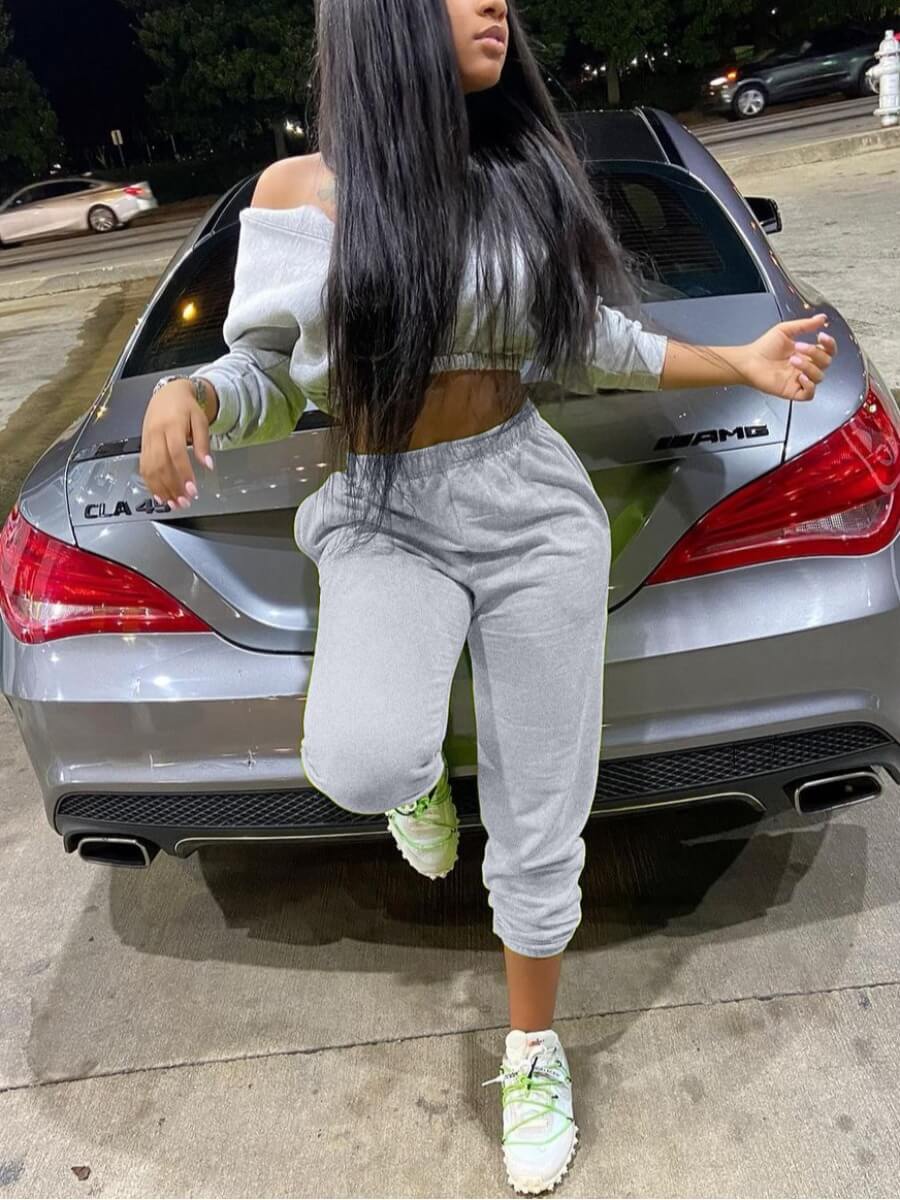 

Lovely Casual Bateau Neck Crop Top Grey Two Piece Pants Set