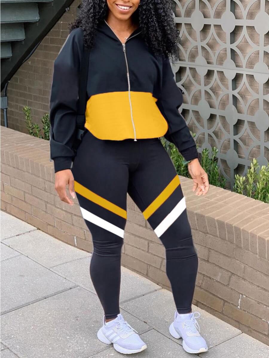 

Lovely Sportswear Striped Patchwork Black Two Piece Pants Set