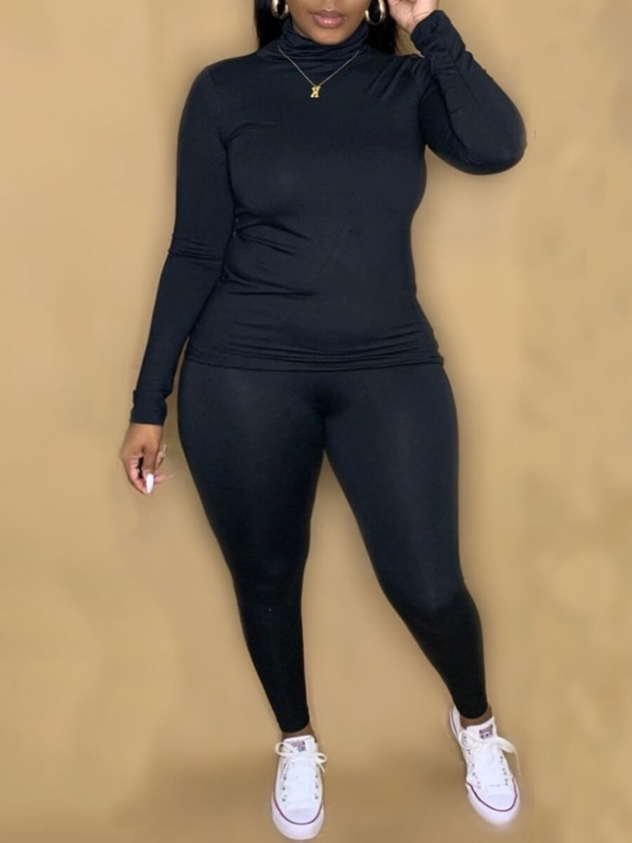 

Lovely Casual Turtleneck Black Plus Size Two-piece Pants Set