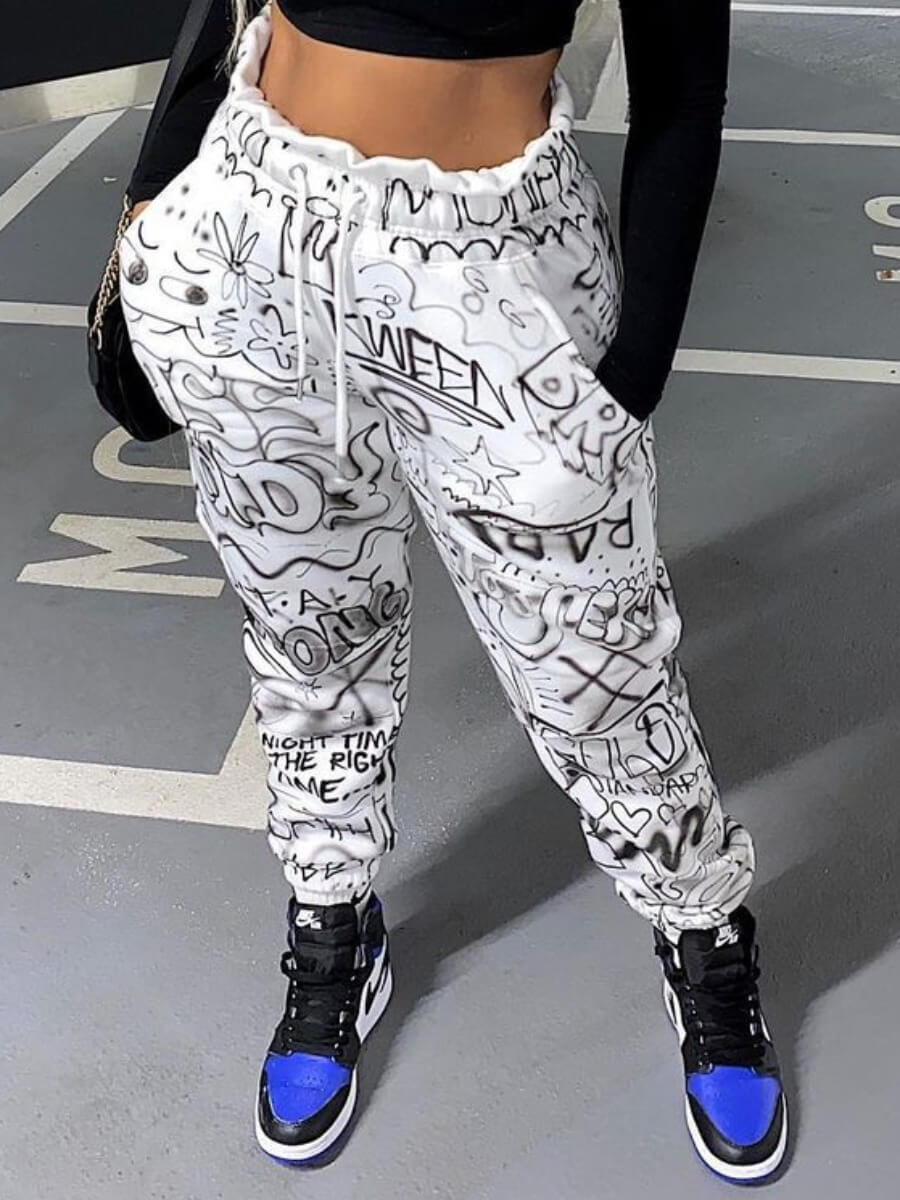 

Lovely Street Letter Print Drawstring White Pants