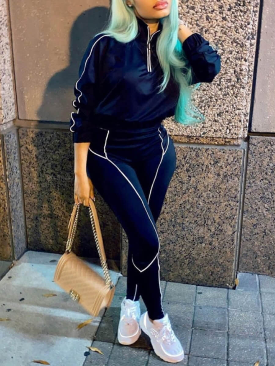 

Lovely Sportswear Turndown Collar Patchwork Black Two Piece Pants Set