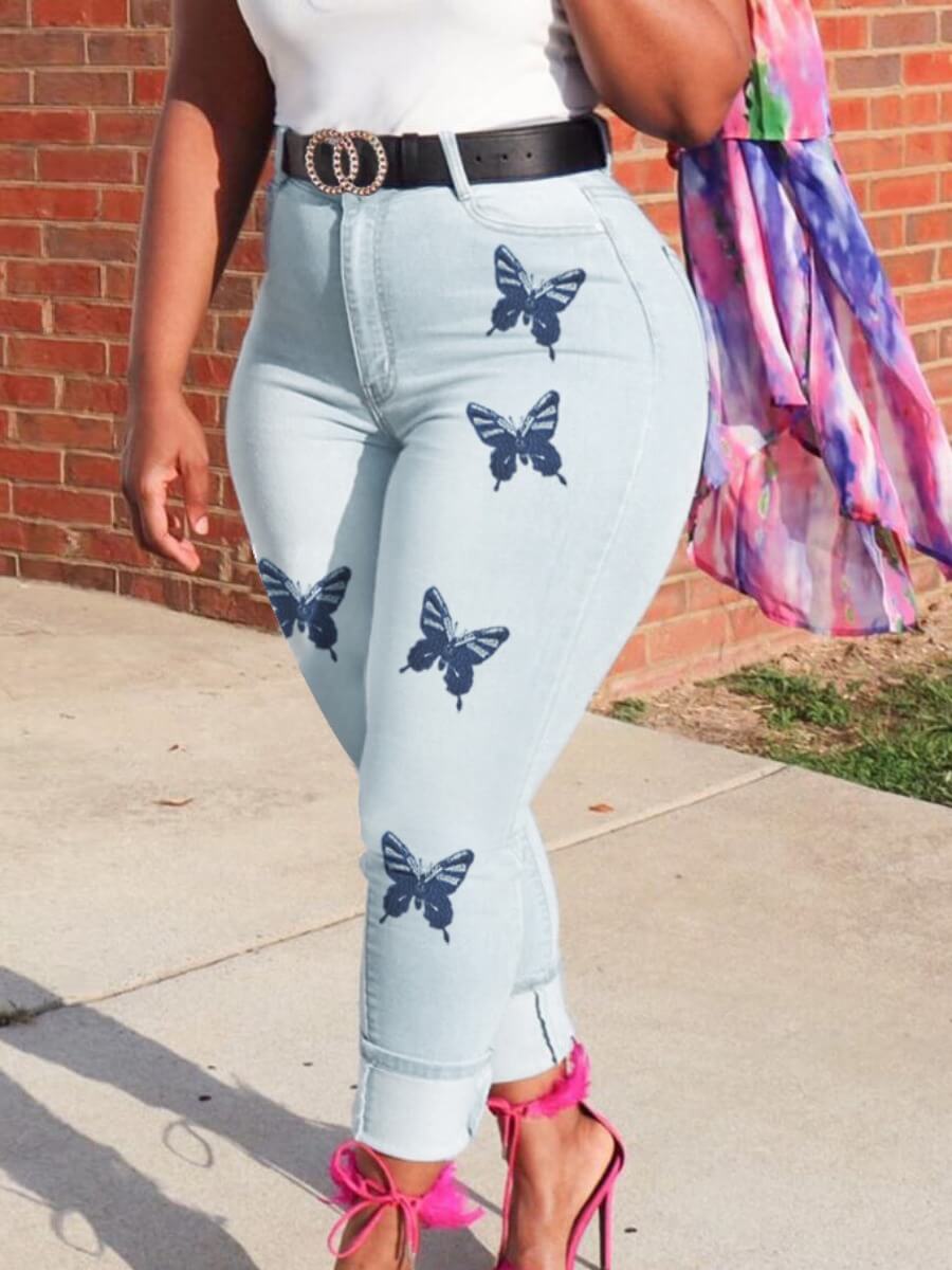 

LW Casual Butterfly Print Baby Blue Jeans