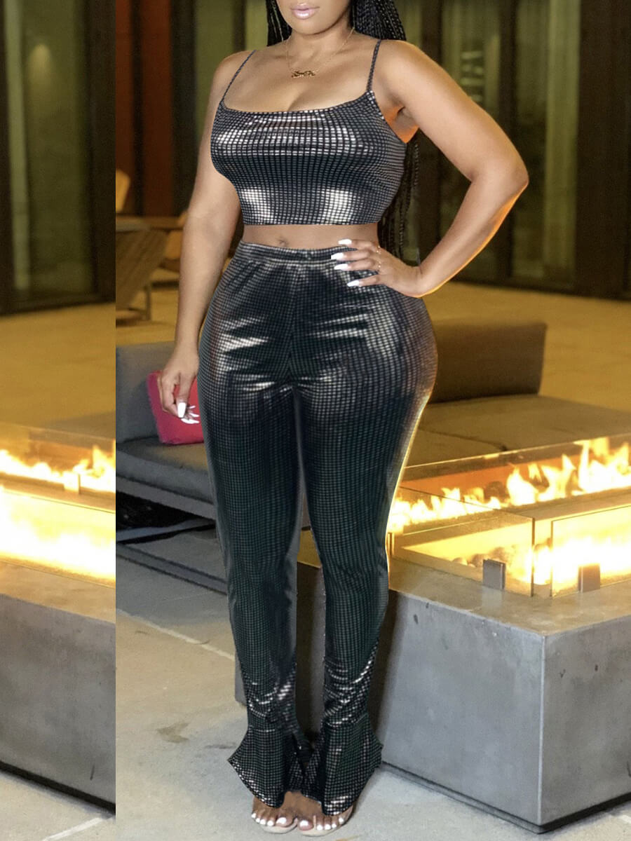 

Lovely Sexy Spaghetti Strap Sequined Silver Two Piece Pants Set