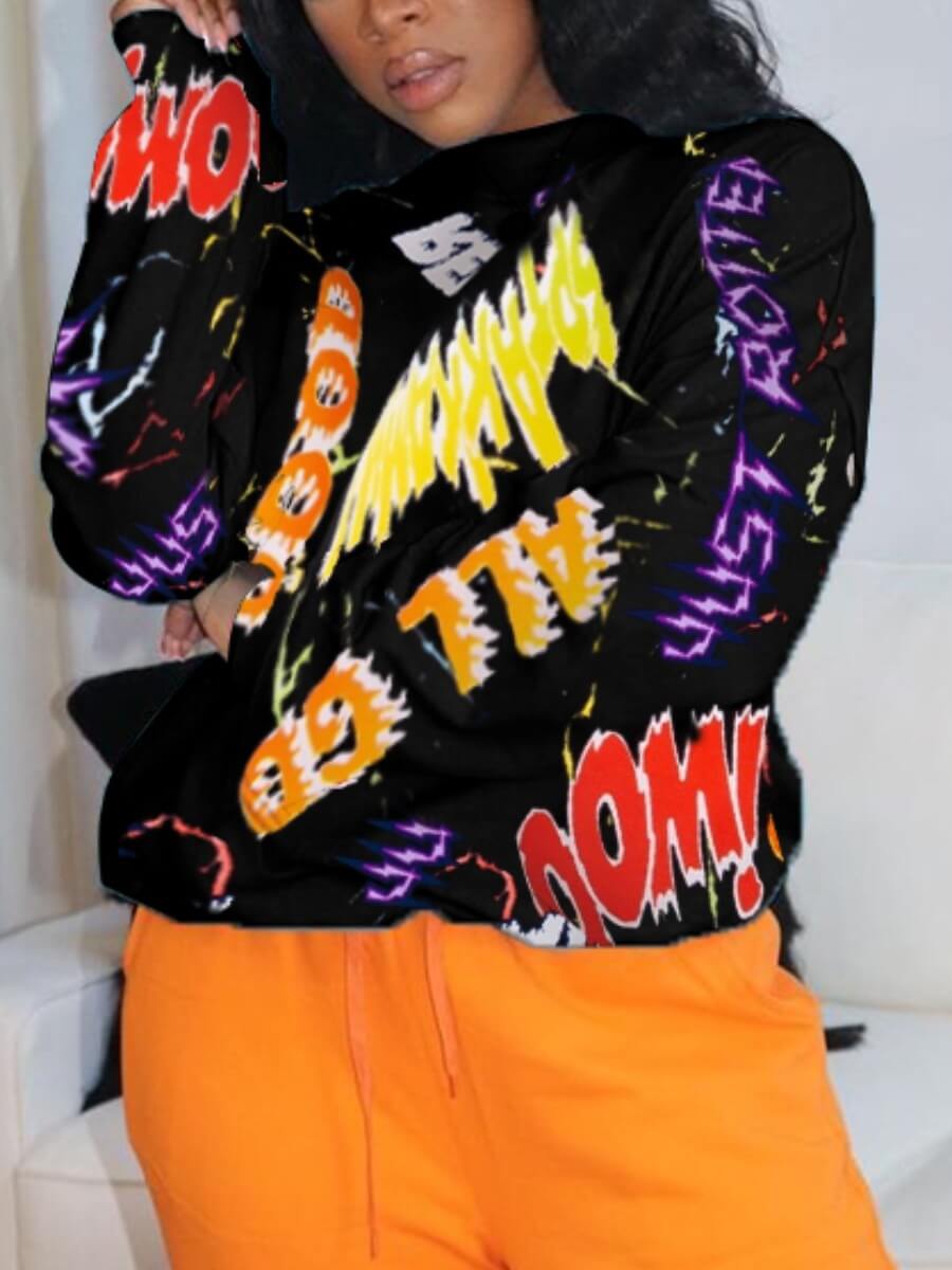 

LW Casual O Neck Letter Print Black Hoodie