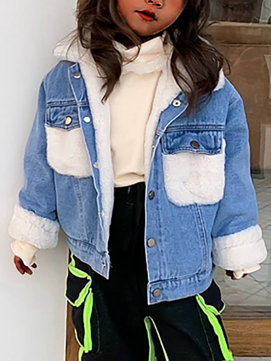 

Lovely Street Turndown Collar Patchwork Blue Girl Coat
