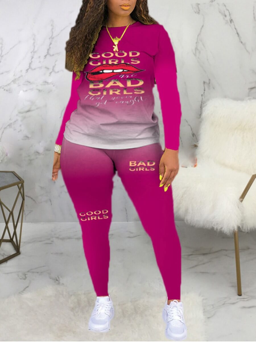 

Lovely Casual Gradient Lip Print Rose Red Plus Size Two-piece Pants Set