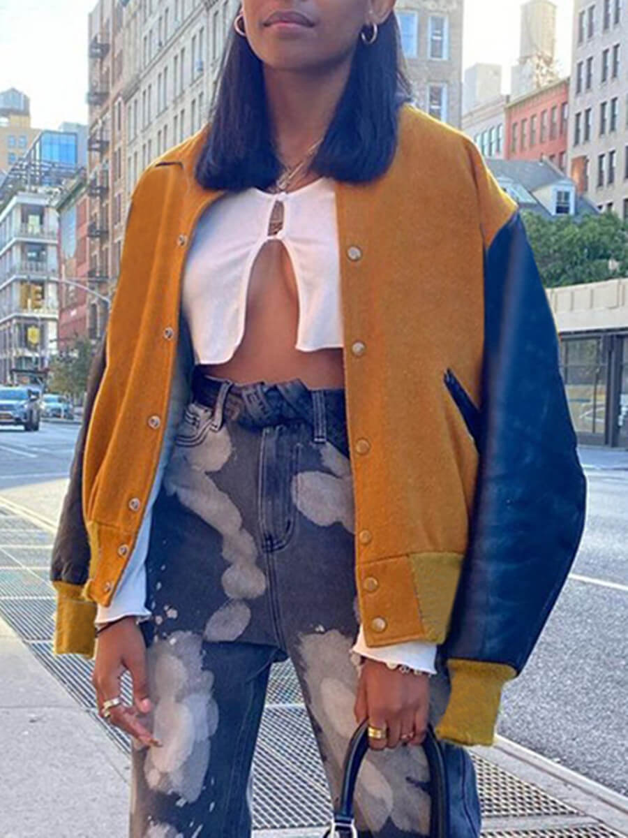 

Lovely Trendy Patchwork Buttons Design Yellow Coat