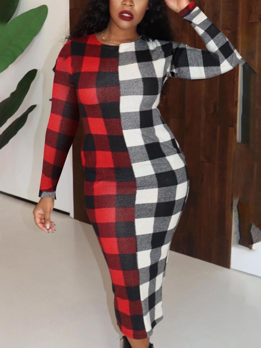 

Lovely Trendy O Neck Grid Print Patchwork White Mid Calf Dress