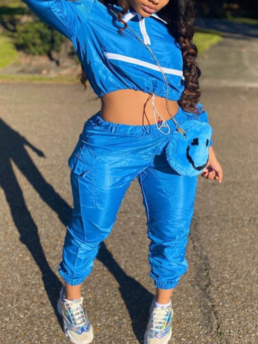 

LW Sportswear Zipper Design Drawstring Blue Two Piece Pants Set