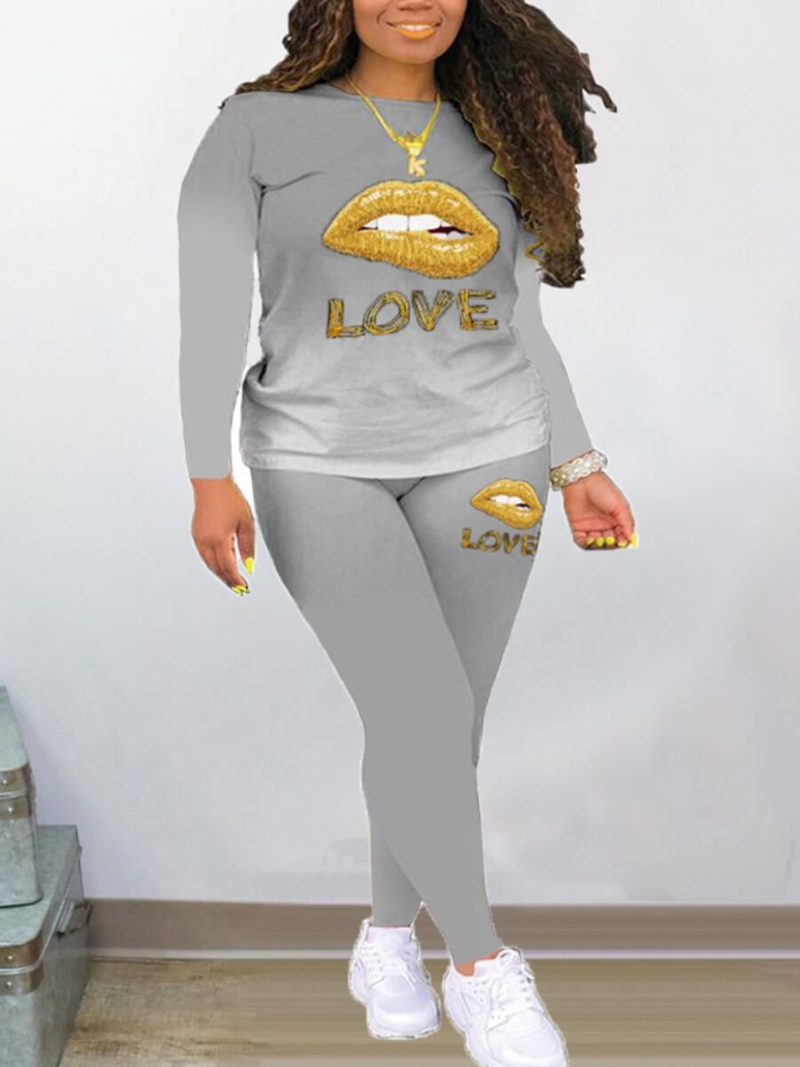 

Lovely Casual Lip Print Gradual Grey Two Piece Pants Set
