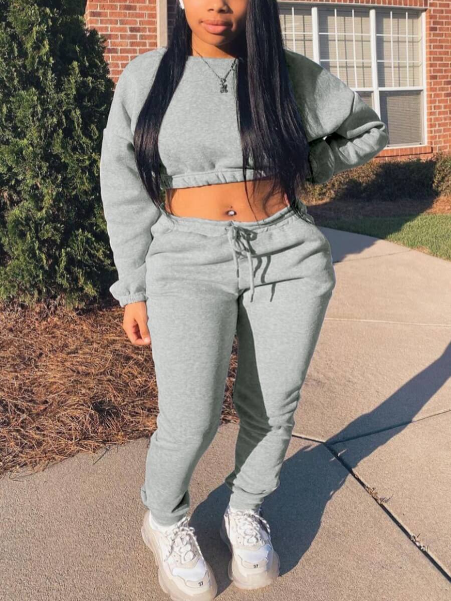 

Lovely Sportswear Drawstring Grey Two Piece Pants Set