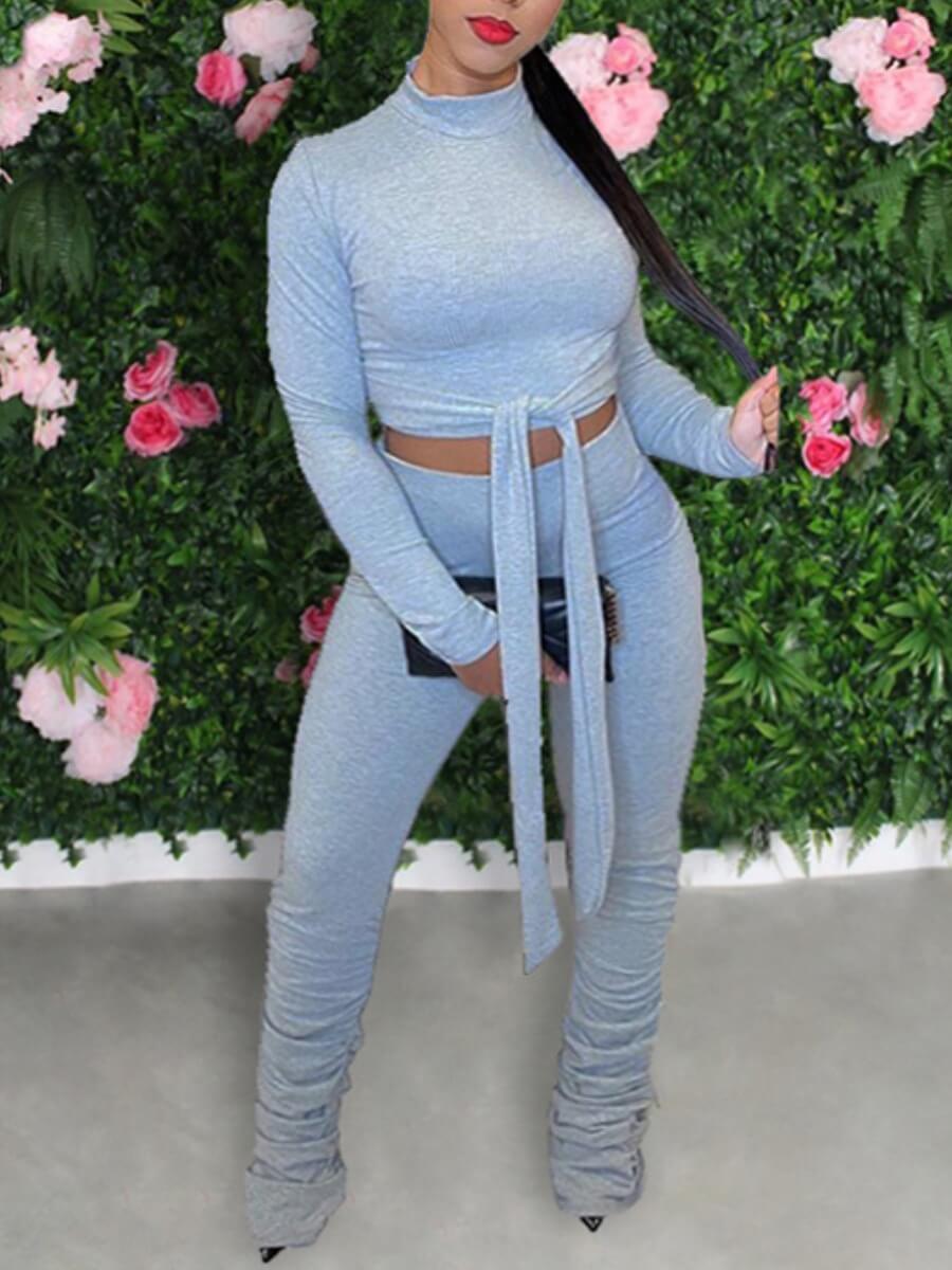 

Lovely Trendy Half A Turtleneck Fold Design Blue Two Piece Pants Set