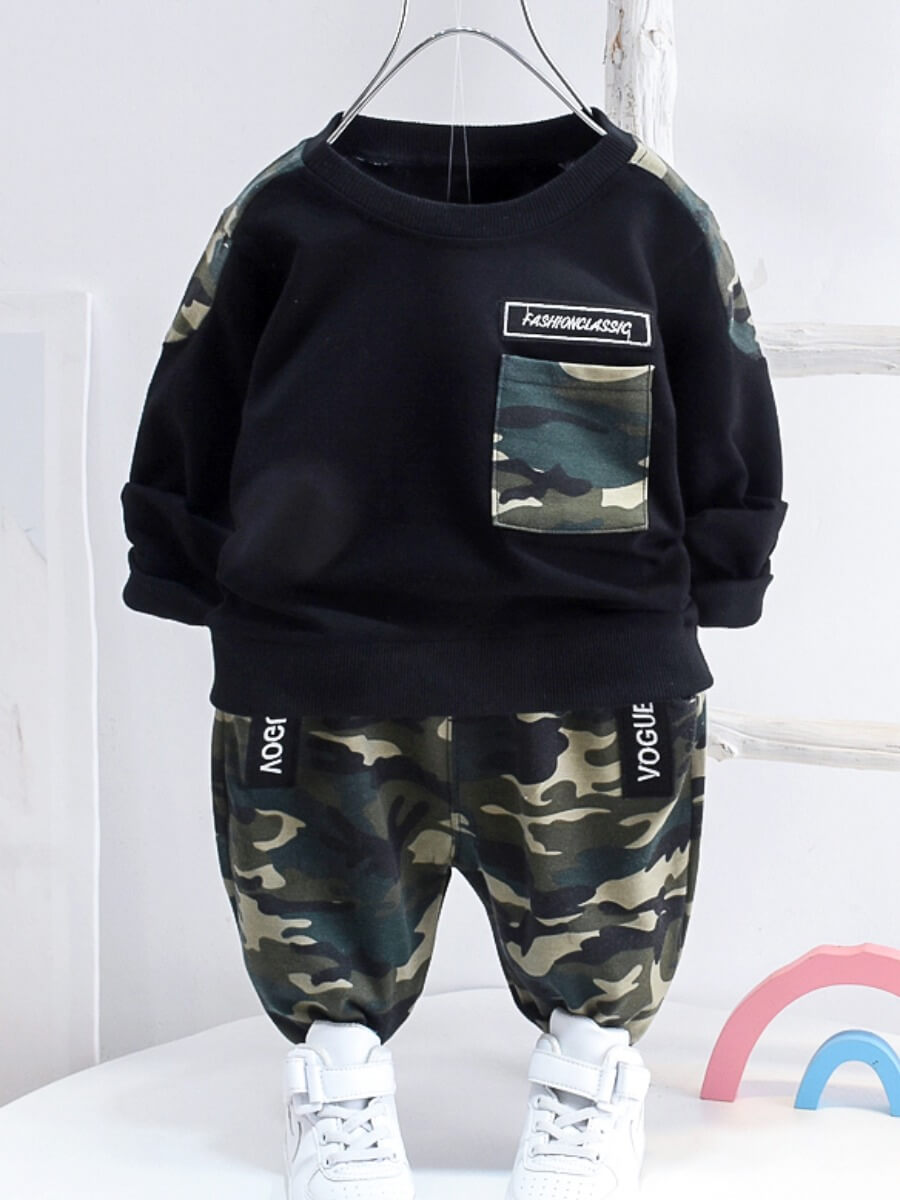 

Lovely Casual O Neck Camo Print Patchwork Black Boy Two-piece Pants Set