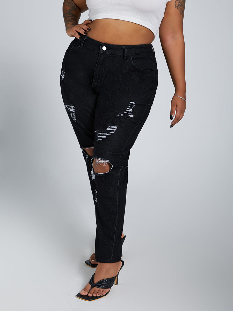 

Lovely Casual Broken Holes Black Plus Size Jeans