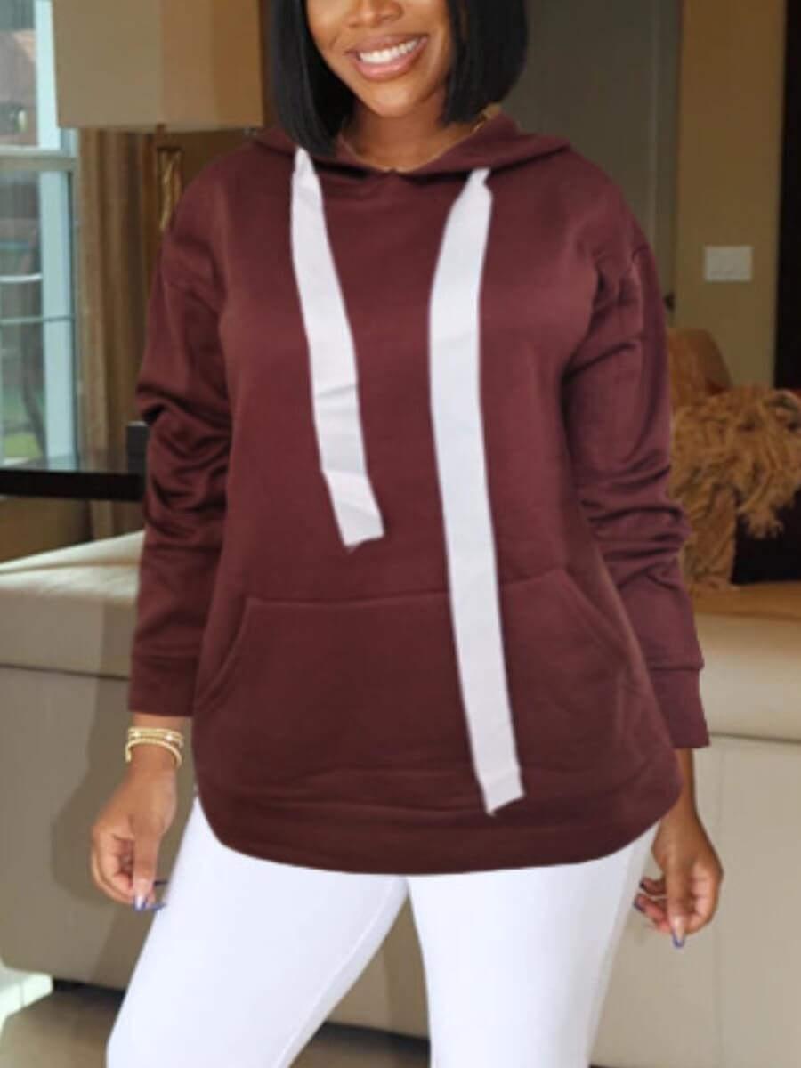 

Lovely Casual O Neck Drawstring Design Brown Hoodie