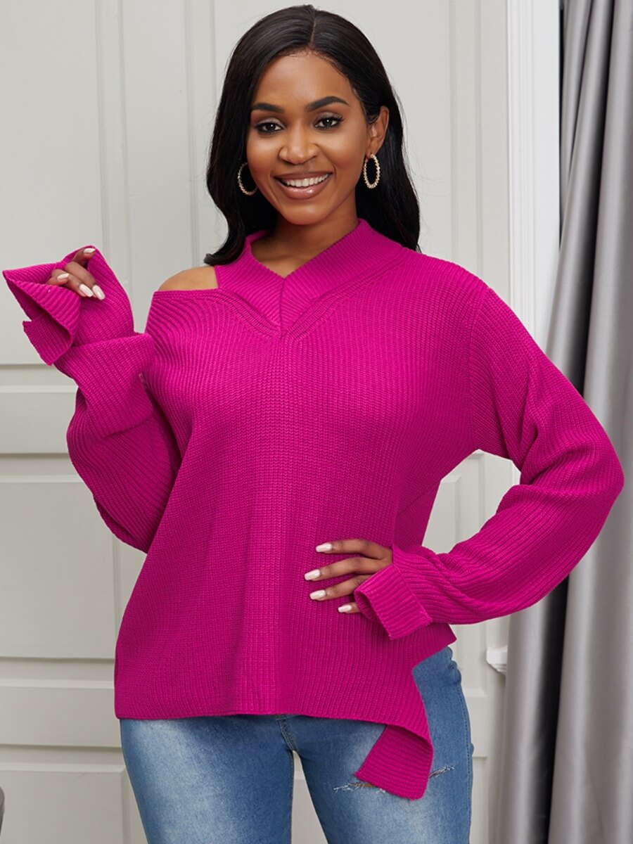 

Lovely Sweet V Neck One Shoulder Rose Red Sweater