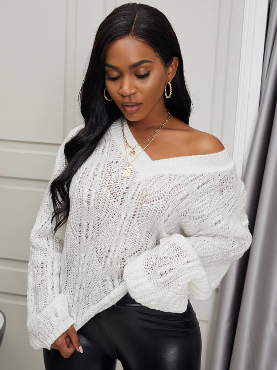 

Lovely Sweet V Neck Dropped Shoulder Sleeve Hollow-out White Sweater