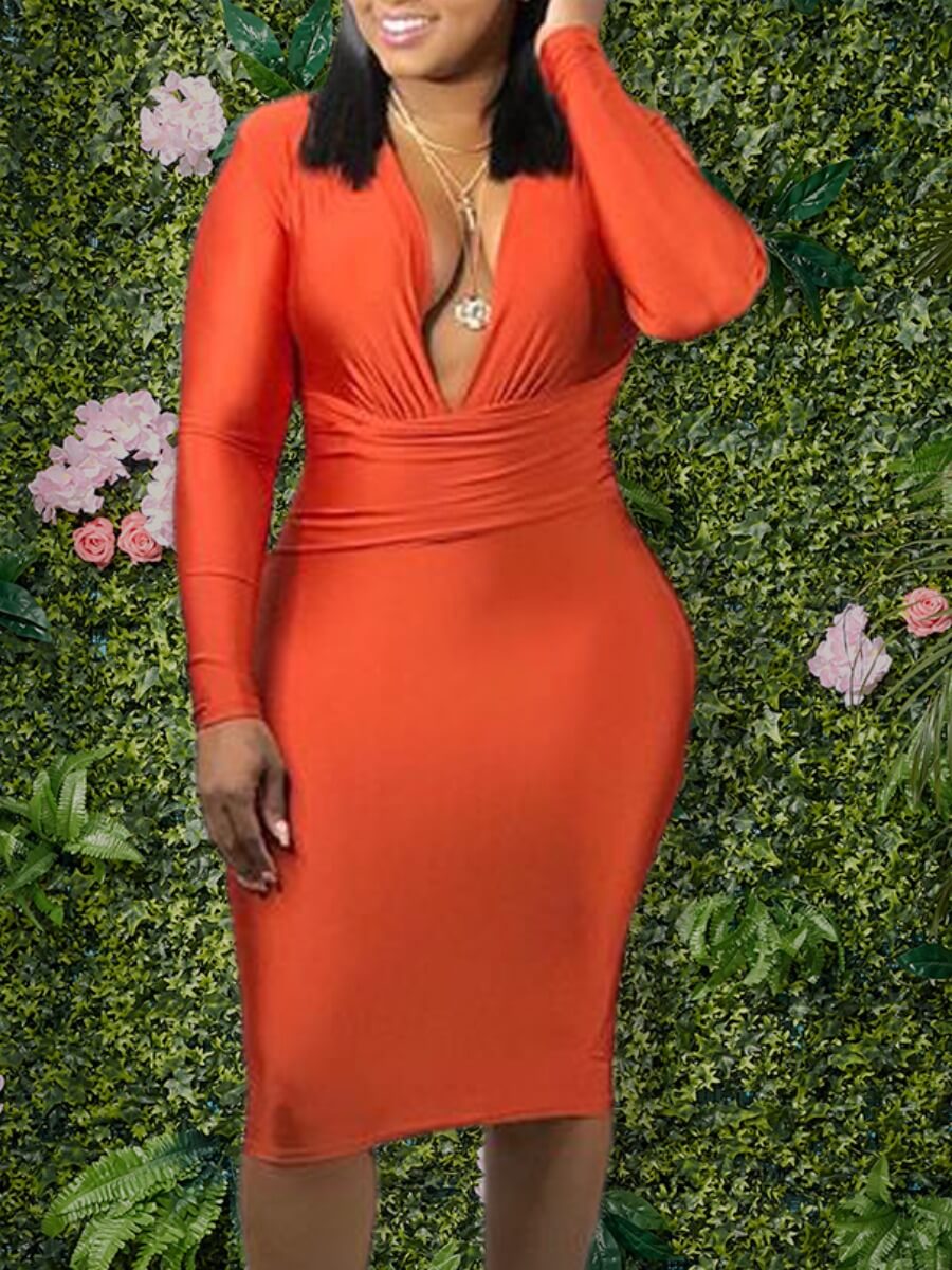 

Lovely Party Deep V Neck Folds Design Orange Knee Length Dre