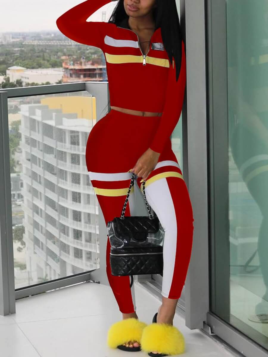 

Lovely Casual Mandarin Collar Striped Stitching Red Two Piece Pants Set