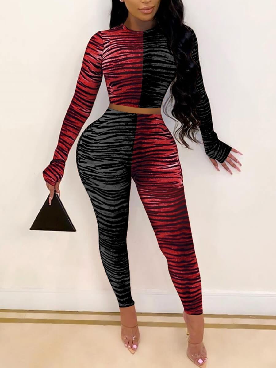 

Lovely Casual Zebra Pattern Print Patchwork Red Two-piece Pants Set