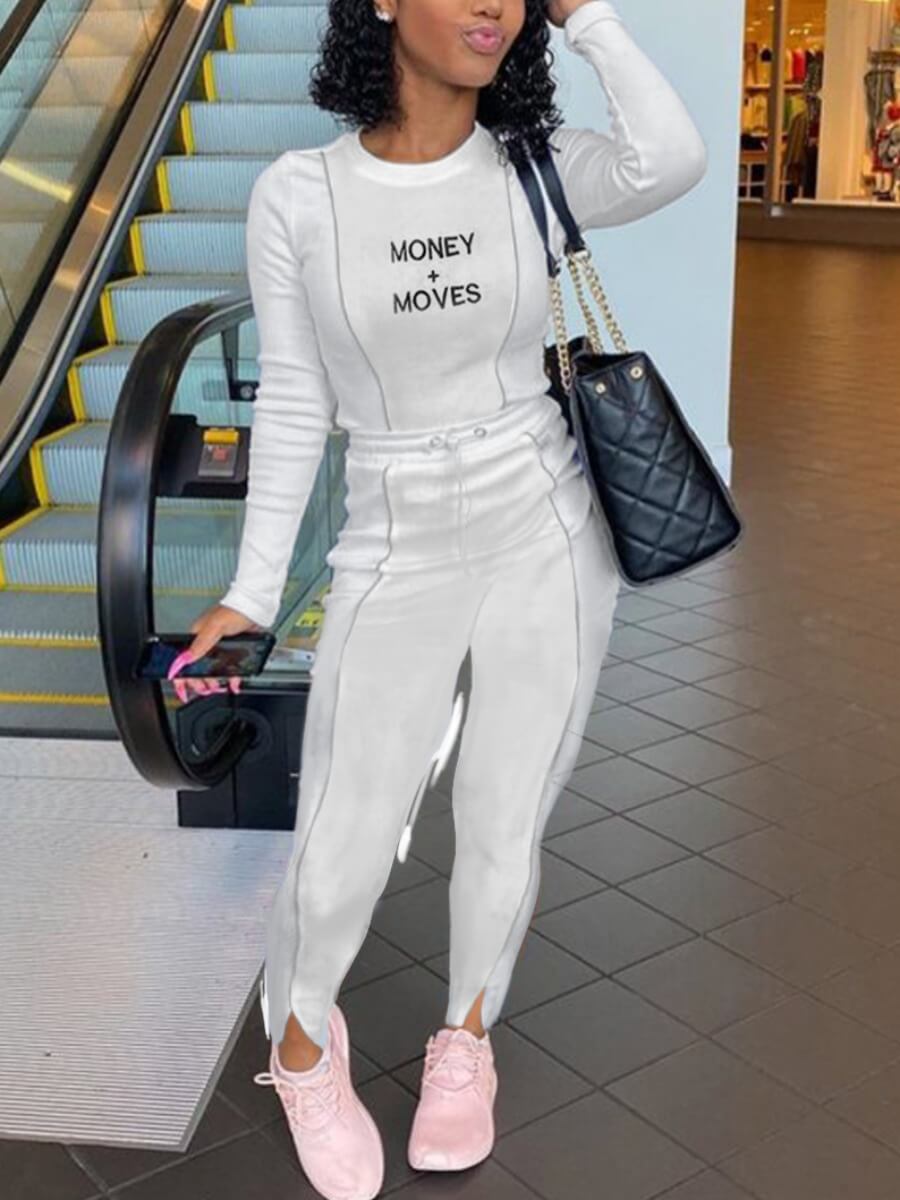 

Lovely Sportswear O Neck Letter Print White Two Piece Pants Set