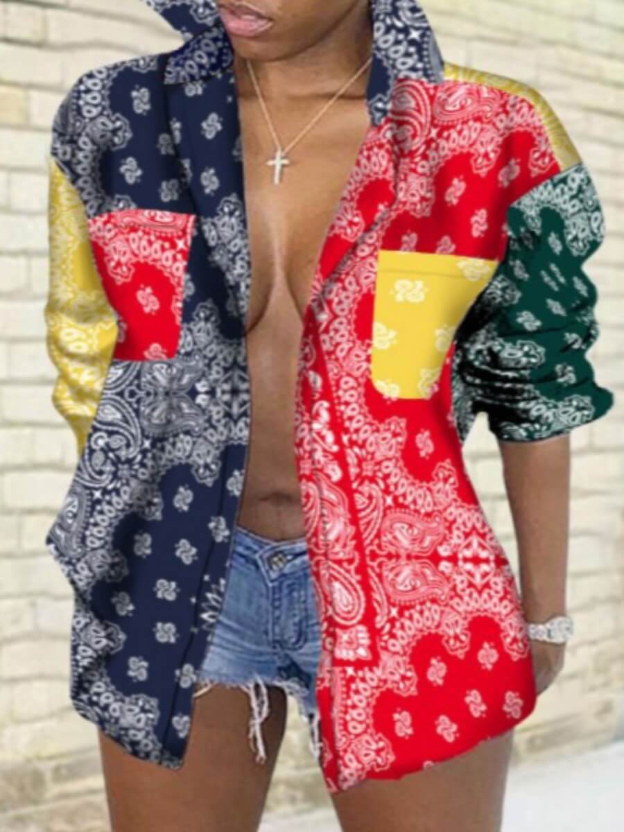 

Lovely Street Turndown Collar Print Multicolor Plus Size Blouse, Multi