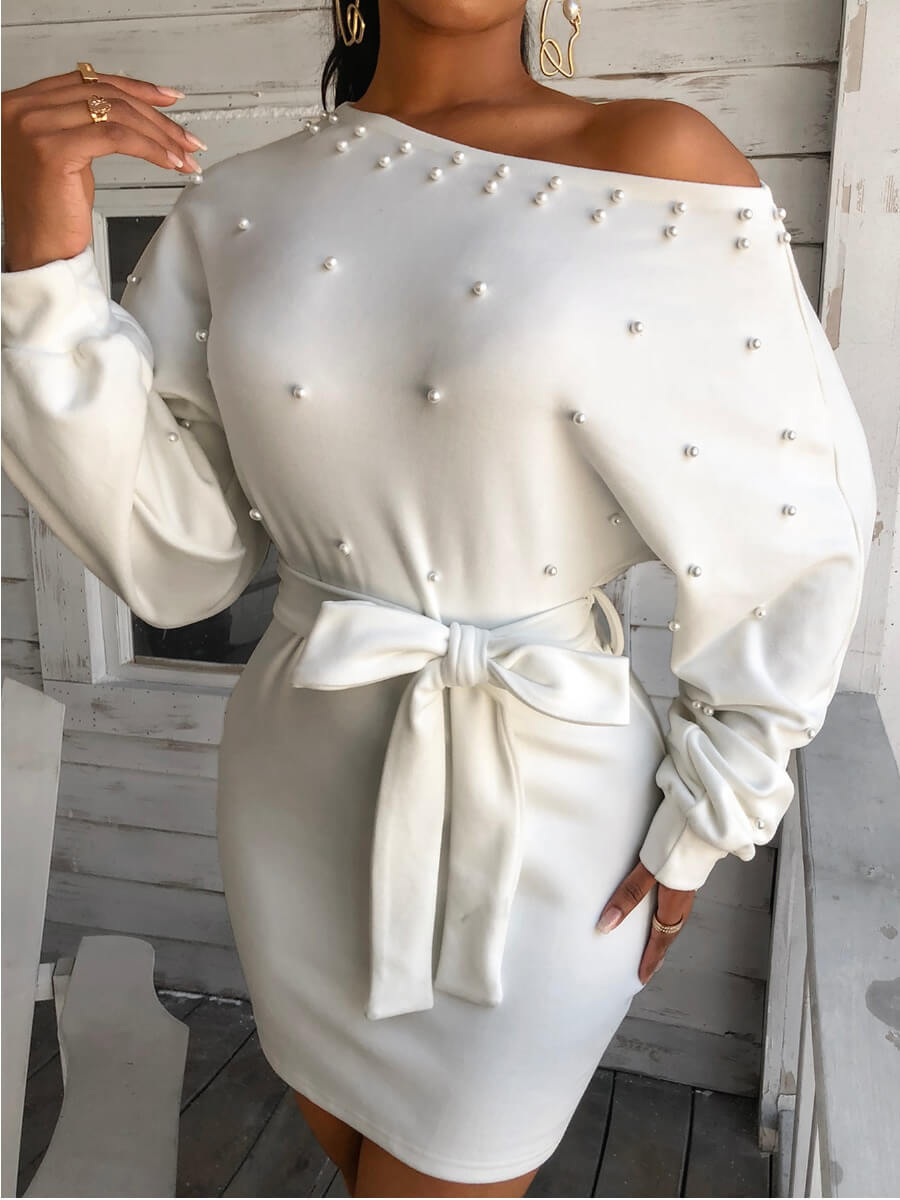 

Lovely Sweet Pearl Decorative Knot Design White Mini Dress