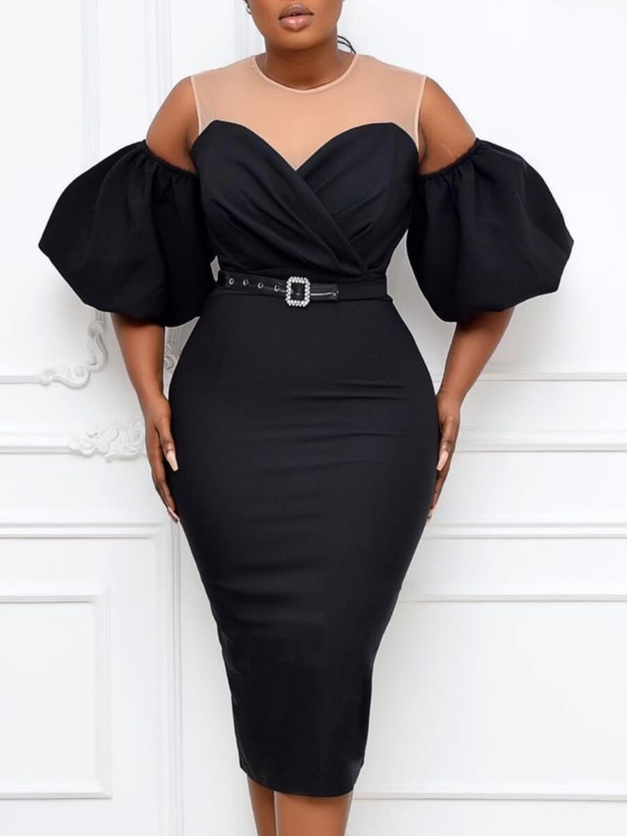 

Lovely Stylish Off The Shoulder Cross-over Design Black Mid Calf Dress(Without Belt