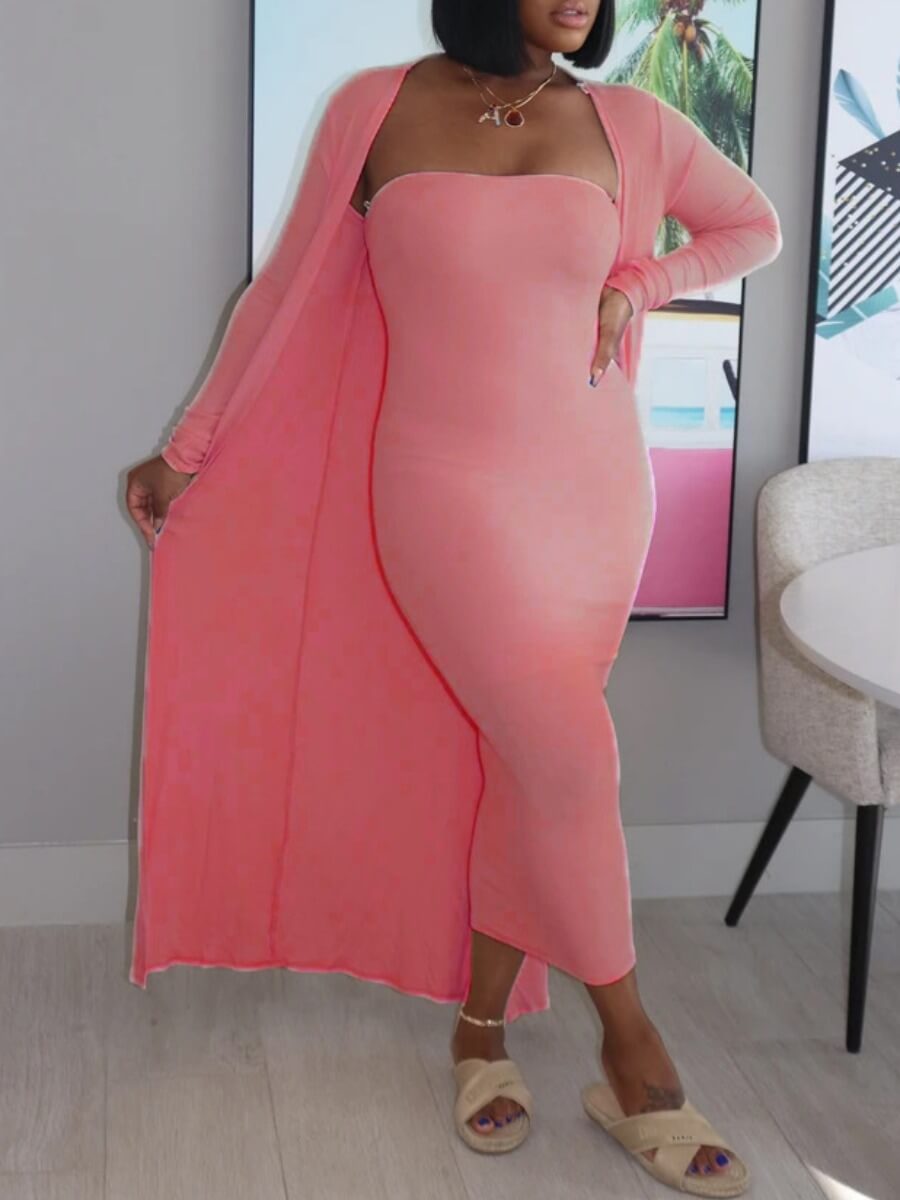 

LW Casual Bateau Neck Basic Skinny Pink Two Piece Skirt Set