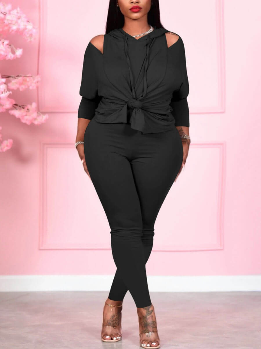 

Lovely Casual Hooded Collar Hollow-out Black Two Piece Pants Set